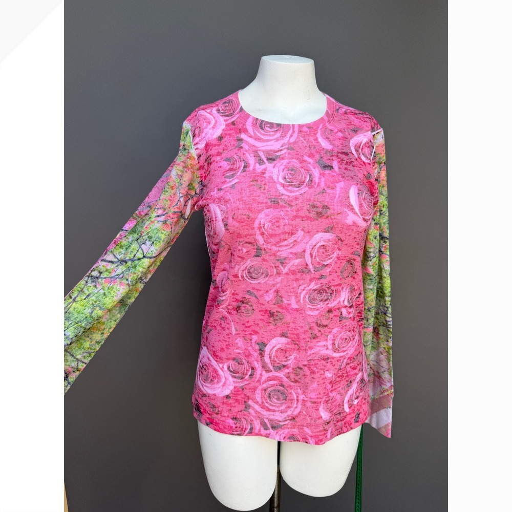Whimsy Rose Pink Floral Knit Top Waffle Large Botanical Long Sleeve Cottagecore - Picture 3 of 13